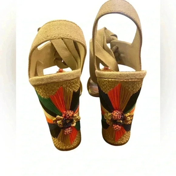 TORY BURCH Geraldine Raffia & Linen Lace-Up Sandals Size 9.5 - Picture 9 of 13